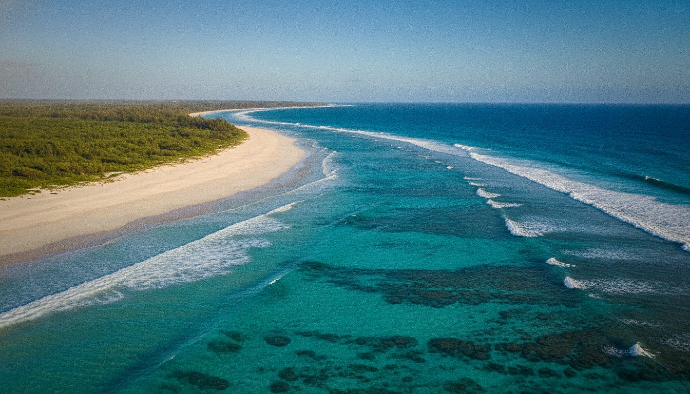 Spiaggia bianca e oceano turchese a Mauritius vista dall'alto