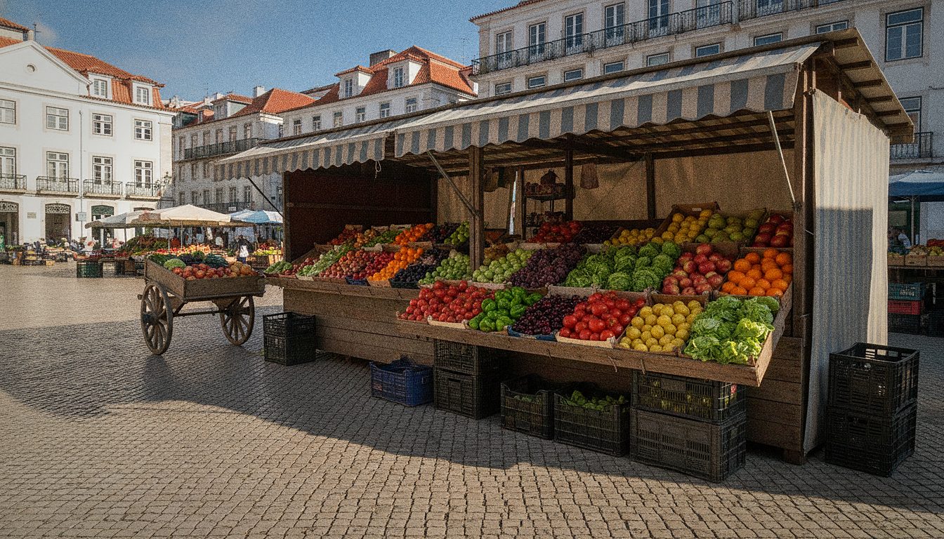 Bancarella di frutta e verdura in un mercato all'aperto europeo