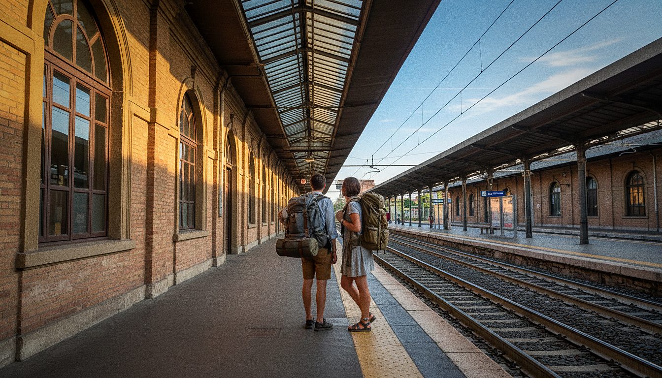 Studenti con zaini da viaggio in una stazione ferroviaria europea
