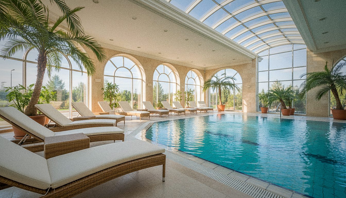 Area relax con lettini vicino a una piscina termale interna