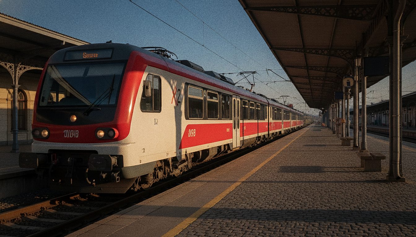 Treno regionale fermo su un binario di una stazione europea al mattino presto